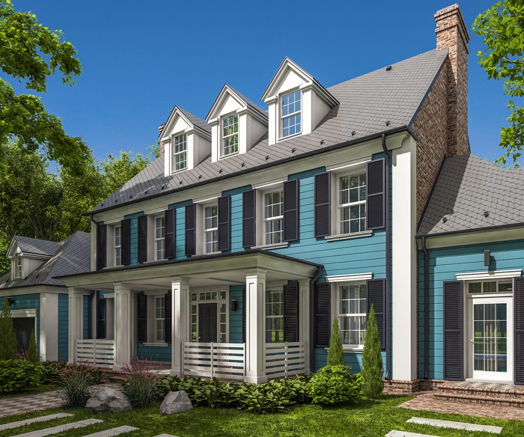 Exterior of blue two story home